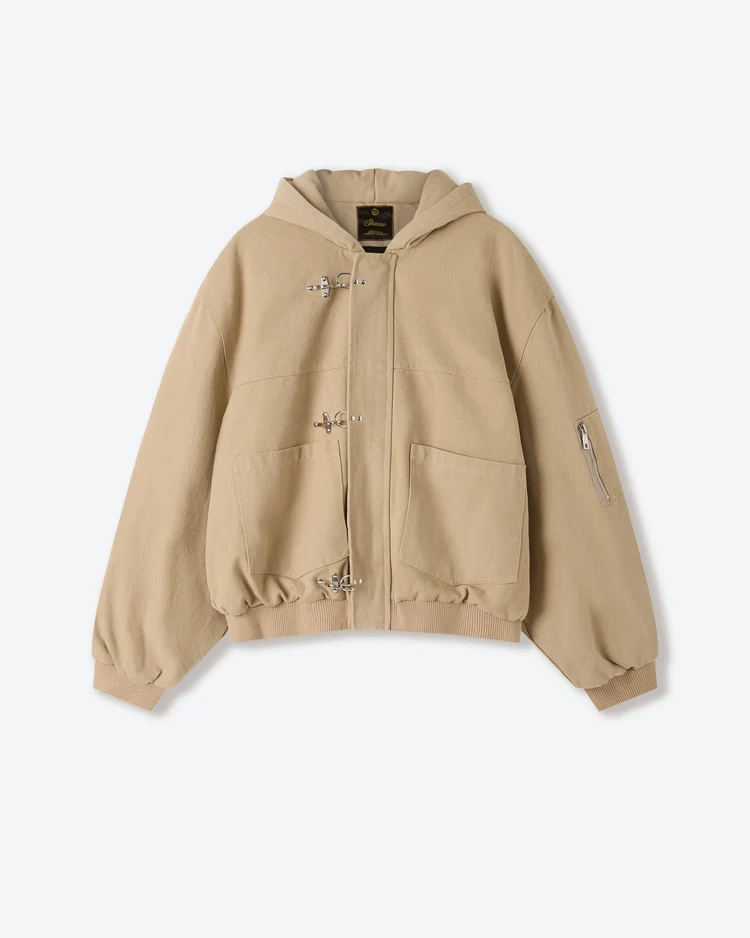 khaki-clasp-front Shinzo Shige Khaki Canvas Clasp Bomber Jacket